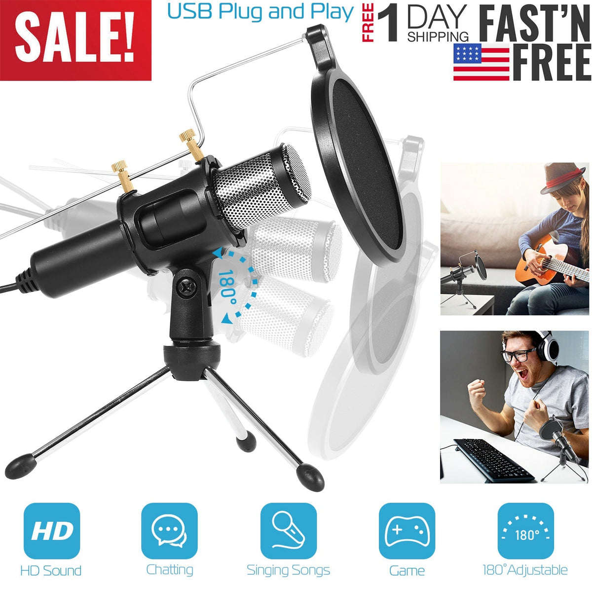 Professional Condenser Microphone Studio Recording Cardioid Microphone w/180¡ Tripods Pop Filter USB Plug for Podcasting Gaming Chatting