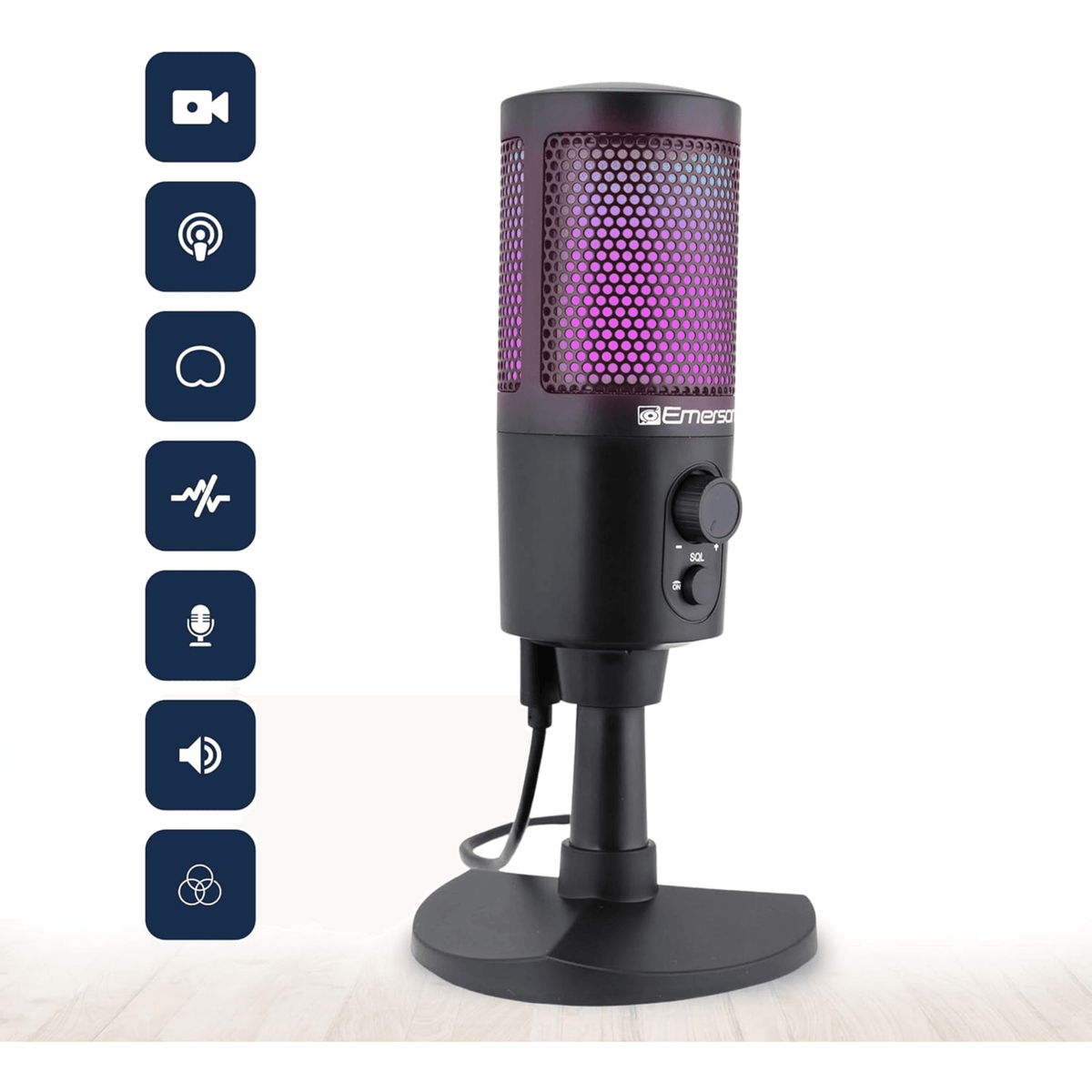 Emerson USB Gaming & Streaming Microphone with RGB Lighting with Tap-to-Mute