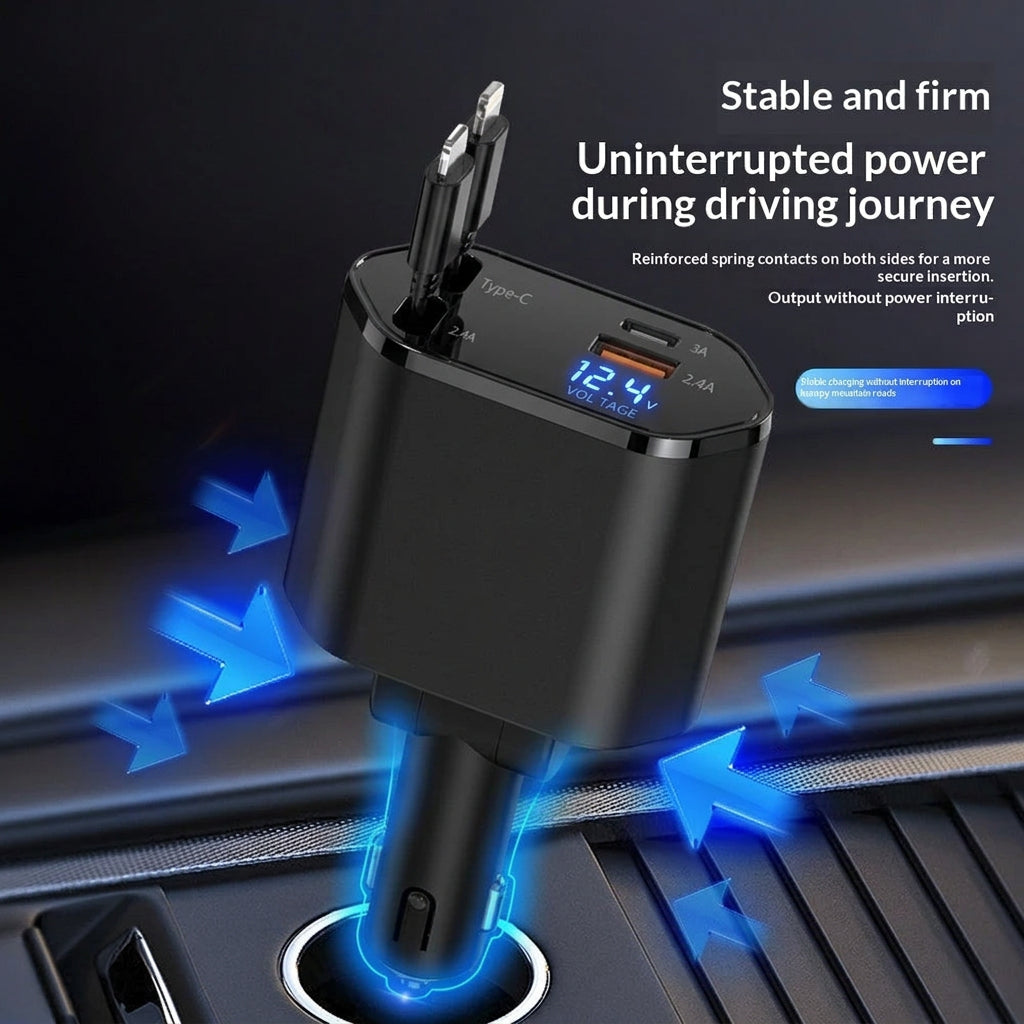 4 In 1 Retractable Car Charger Fast Car Phone Charger 120W With USB Type C Cable