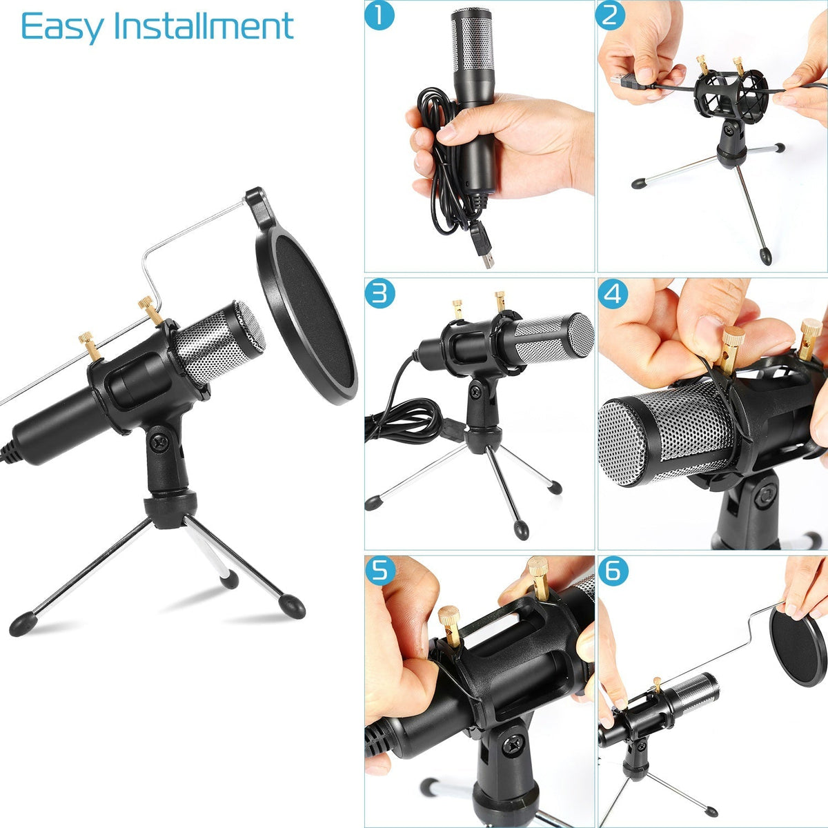 Professional Condenser Microphone Studio Recording Cardioid Microphone w/180¡ Tripods Pop Filter USB Plug for Podcasting Gaming Chatting