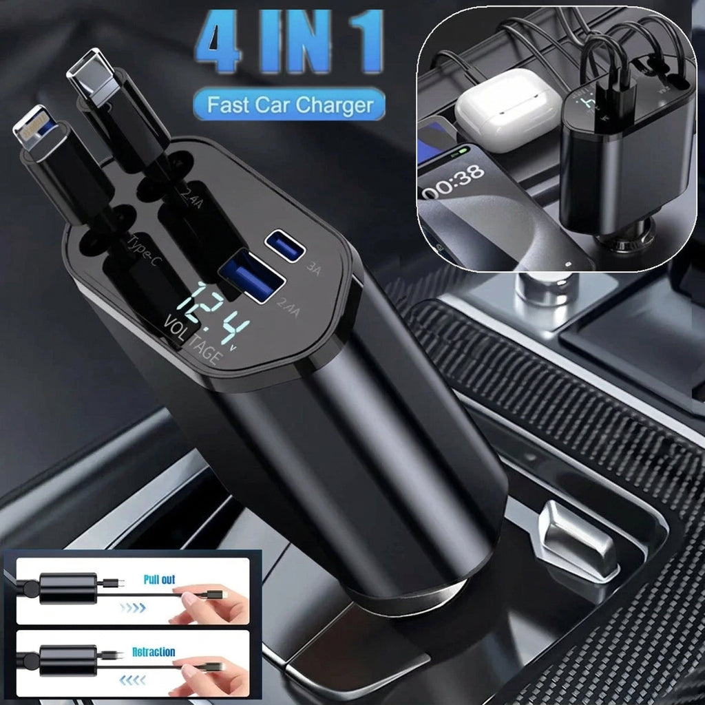 4 In 1 Retractable Car Charger Fast Car Phone Charger 120W With USB Type C Cable