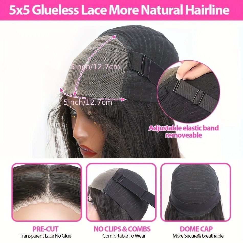 5x5 HD Lace Glueless Closure Wig - Human Hair Straight Pre Plucked Pre Cut No Glue 3 Seconds to Wear - Transparent Lace Front Wigs for Women 180 Density Pre Bleached Knots