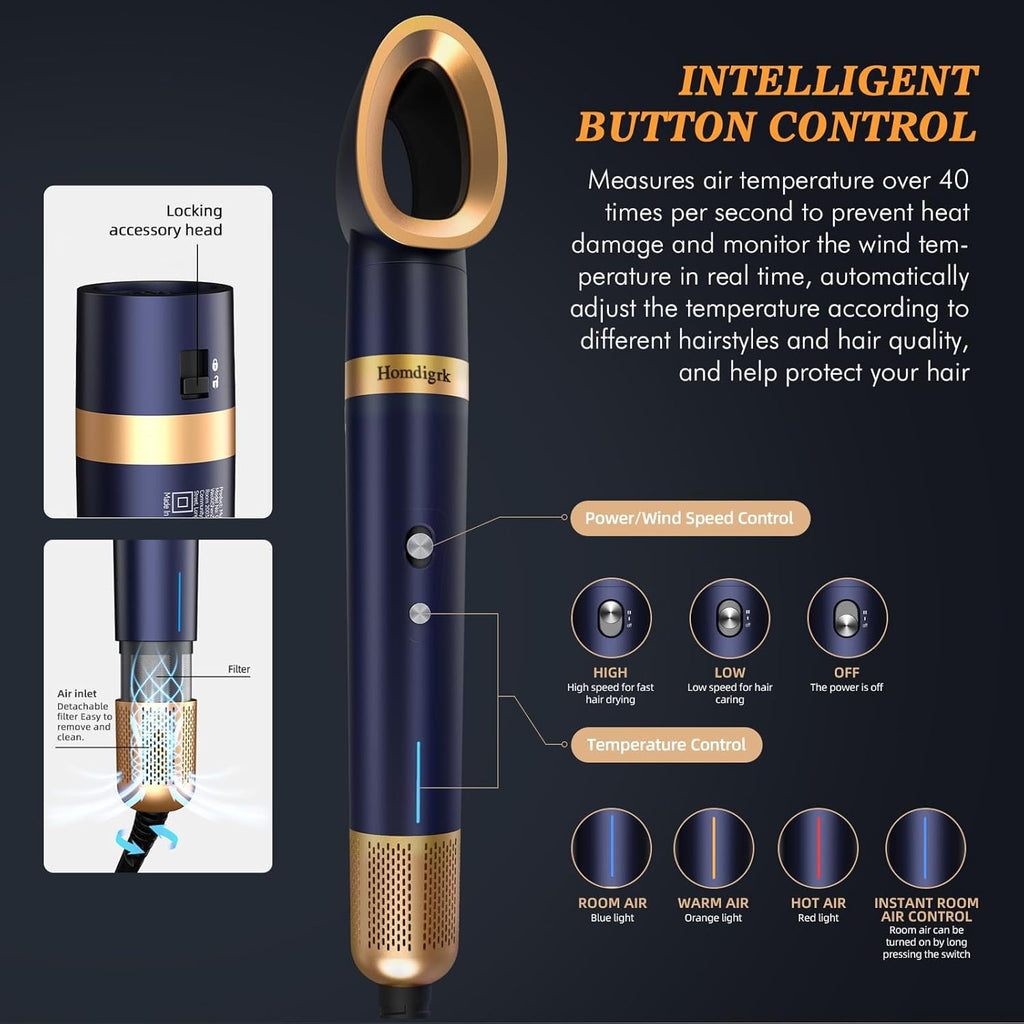 6-in-1 Hair Dryer Brush & Curling Iron Set, Hot Air Styler Hair Curler for Fast Drying, Smoothing & Volumizing, No Heat Damage, Professional Blowout Tool with Travel Case - Prussian Blue