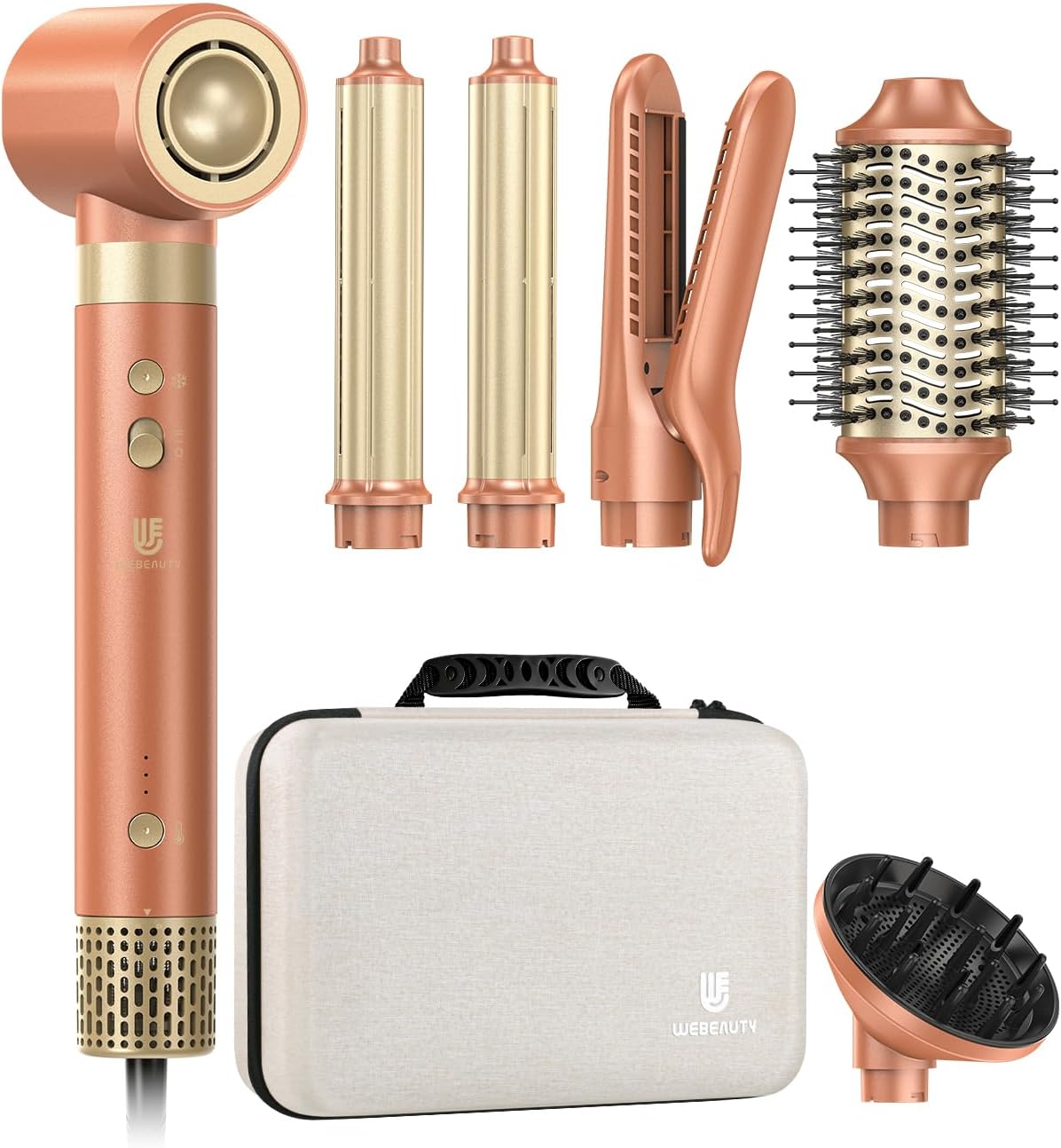 Hair Dryer Brush, webeauty 5 in 1 Professional Hot Air Styling, High-Speed Negative Ionic Hair Dryer Fast Drying, Multi Hair Styler with Air Curling Iron, Volumizing, with Carrying Case (Grey Gold)