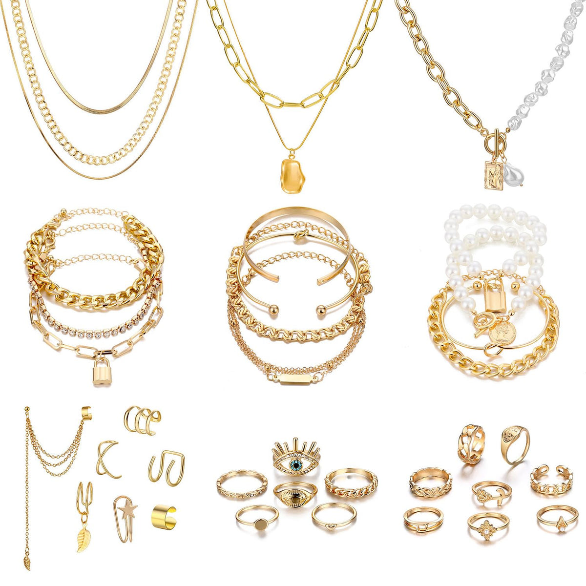 Women's Accessories - 36-Piece Gold Plated Jewelry Set Necklaces Bracelets Earrings Rings Gift