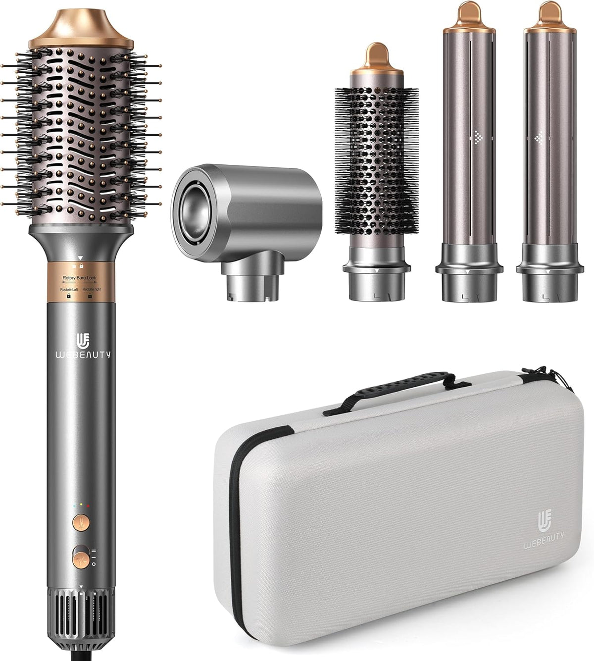 Hair Dryer Brush, webeauty 5 in 1 Professional Hot Air Styling, High-Speed Negative Ionic Hair Dryer Fast Drying, Multi Hair Styler with Air Curling Iron, Volumizing, with Carrying Case (Grey Gold)