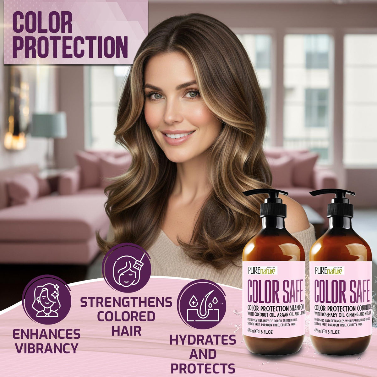 Color Safe Shampoo and Conditioner Set 16 Fl Oz Set of 2 Sulfate Free and Paraben Free for Protecting Treated Dyed and Colored Hair Professional Salon Care for Women and Men