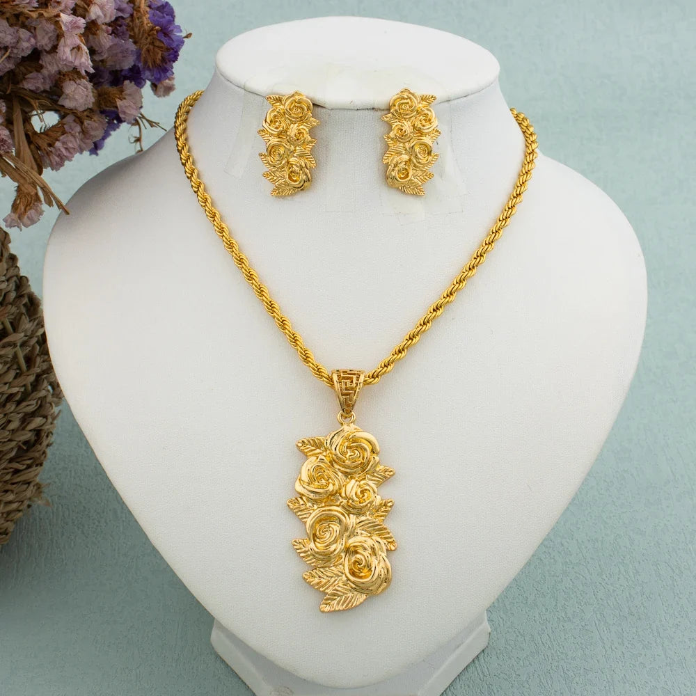 New Arrivals Gold Color Jewelry Sets For Women Fashion Earrings Necklace Italy Bangle Ring Flower Pendant Bride Wedding Party