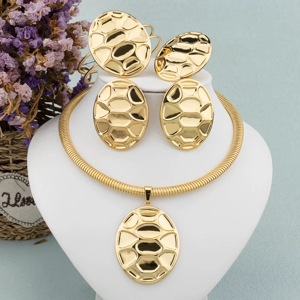Luxury Female Jewelry Set Gold Color Necklace Big Circle Earrings Bangle Ring for Fashion Women Dubai African Party Jewelry