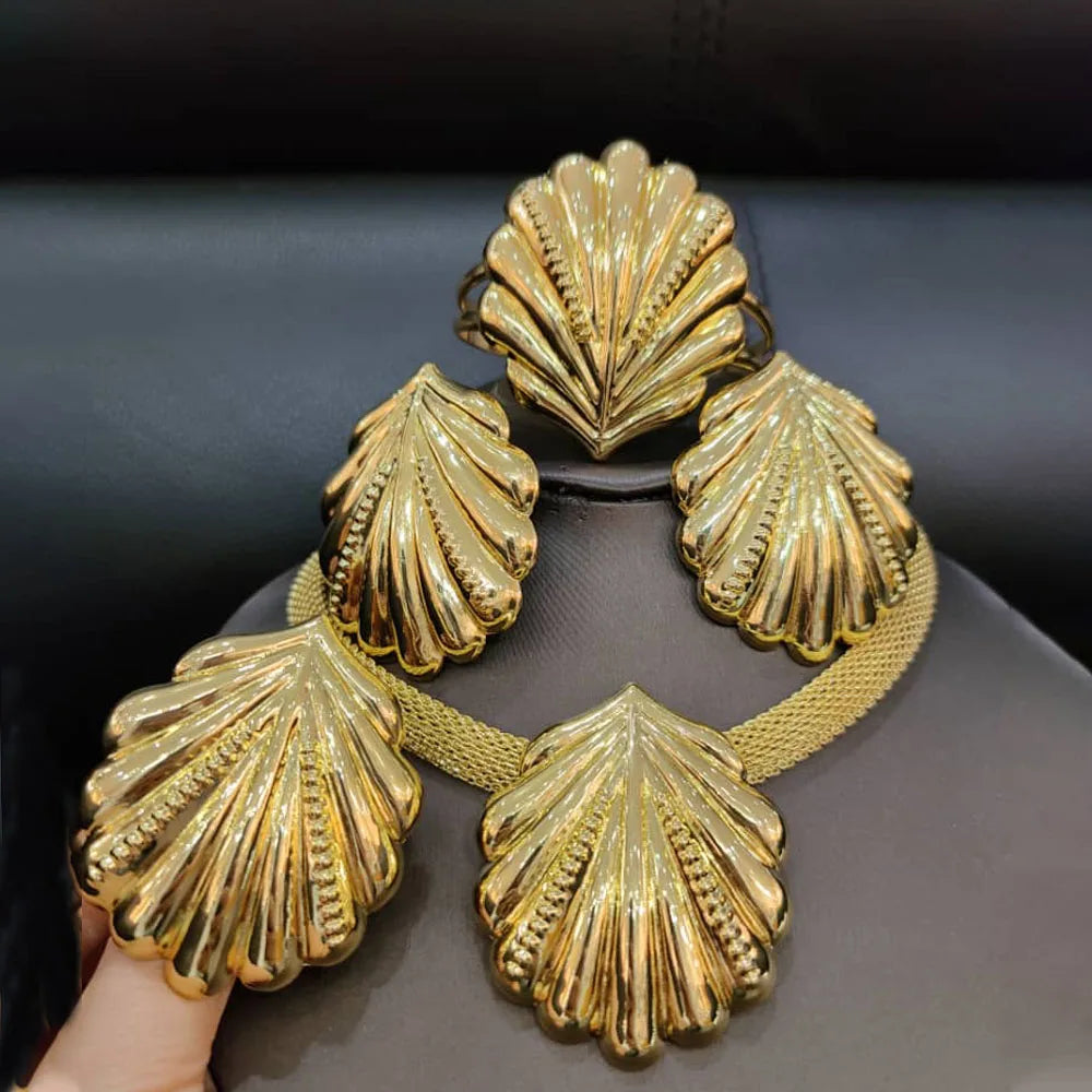 Dubai Gold Plated Jewelry Set for Women Shell pattern Earrings and Necklace Set Fashion Wedding Bride Bracelet Ring Jewelry