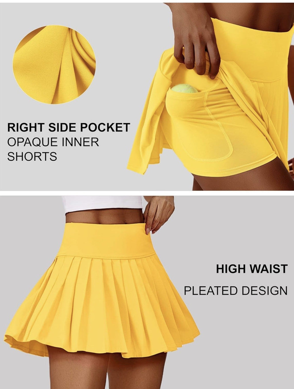 PINSPARK Pleated Tennis Skort with Pocket, Yellow, Women's XL