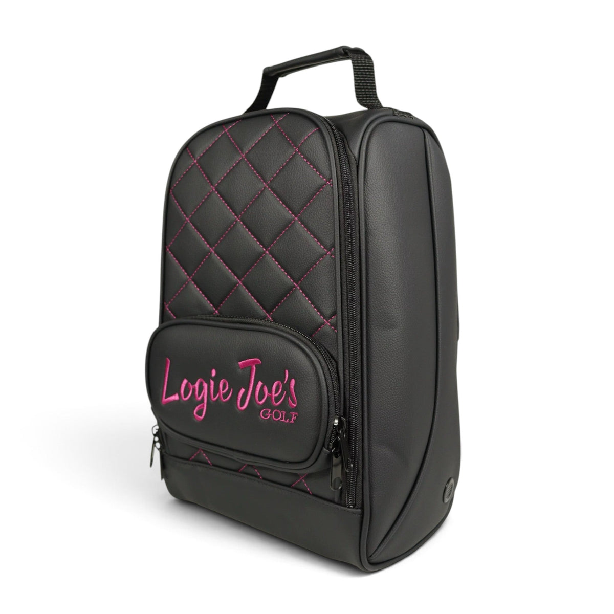 Black/Pink Golf Shoe Bag | Premium PU Leather Golf Shoe Organizer | Quilted Travel Shoe Case with Accessory Pocket, Carry Handle & Ventilation