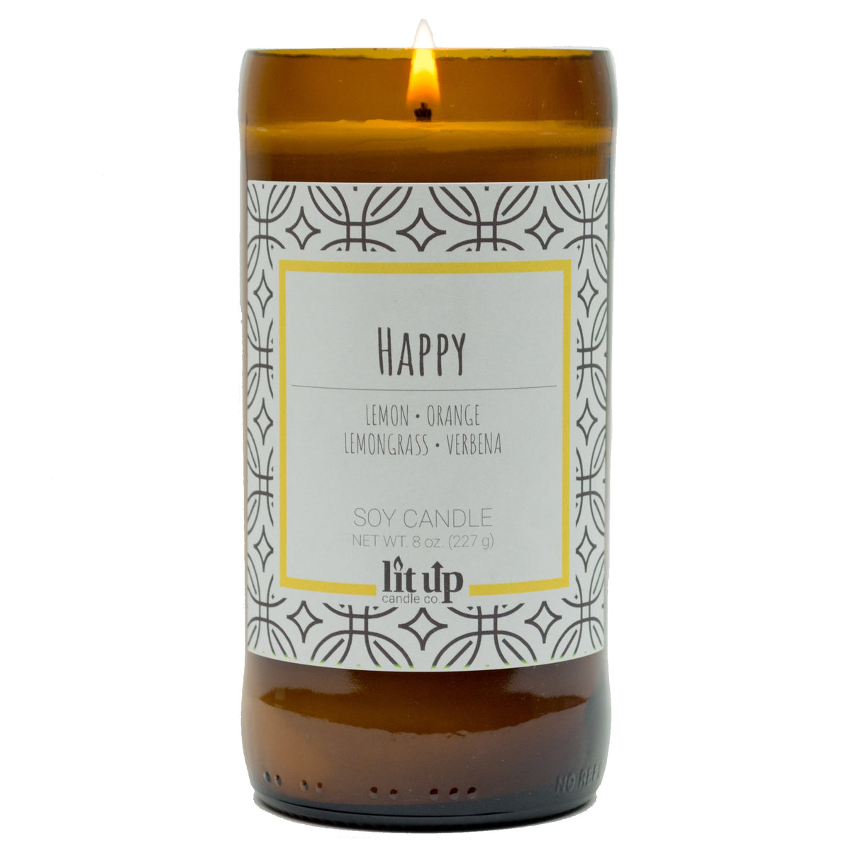 Happy scented 8 oz. soy candle in upcycled beer bottle | Lemon, Lemongrass, Verbena