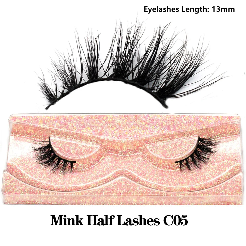 3D Mink Fluffy Half False Eyelashes Natural Soft Lightweight Clear Band Half Eye Strip Lashes Reusable Short Eyelashes Extension