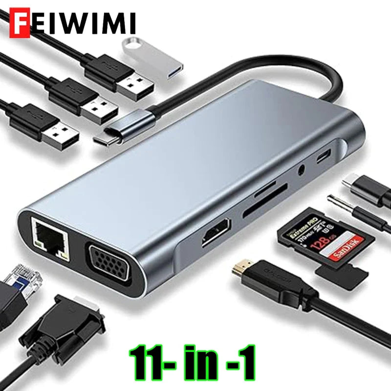 USB C HUB, USB C Adapter 11 in 1 Dongle with 4K HDMI/VGA/Type C PD/RJ45/ SD/TF Card Reader For MacBook Pro/Air M1 iPad