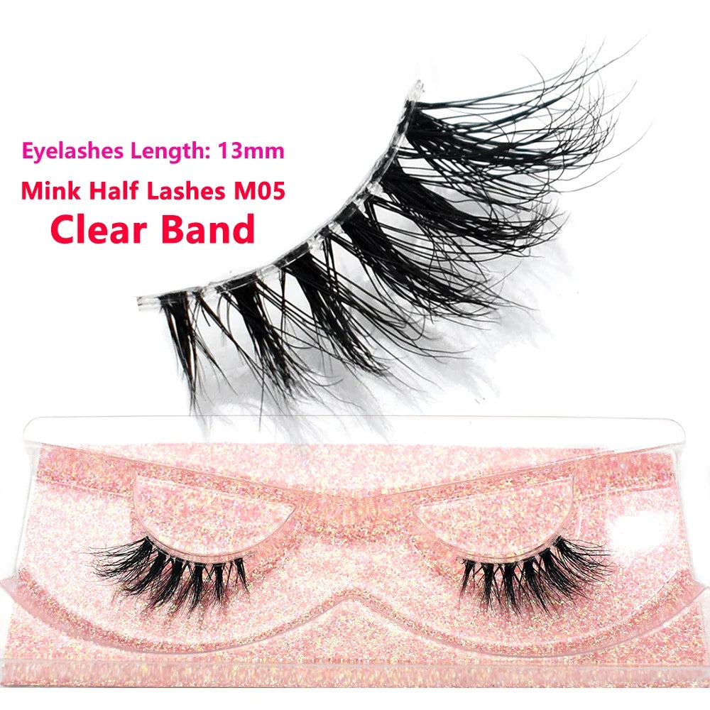3D Mink Fluffy Half False Eyelashes Natural Soft Lightweight Clear Band Half Eye Strip Lashes Reusable Short Eyelashes Extension