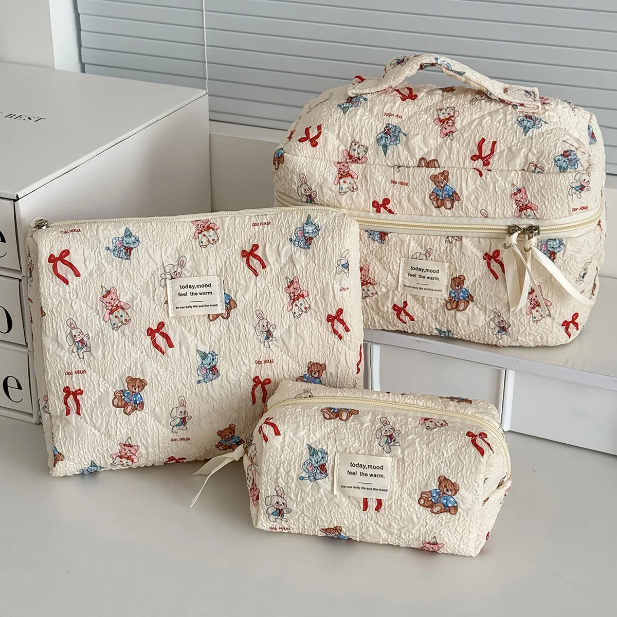 1pcs Cute Quilted Cotton Makeup Bag Women Zipper Cosmetic Organizer Cloth Handbag Box Shape Portable Toiletry Case for Girls