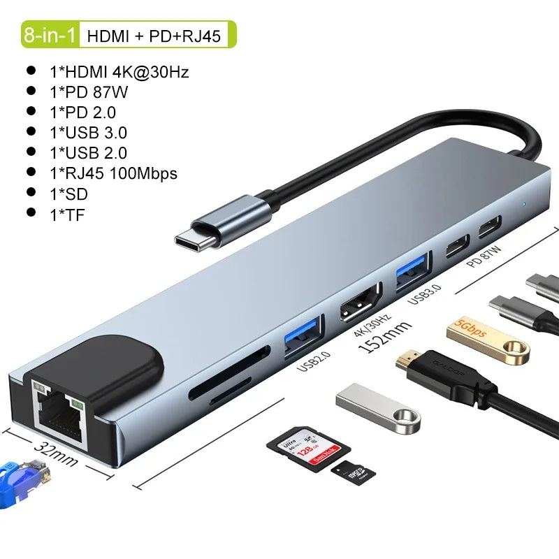 USB C Hub 8 in 1, 4K HDMI Adapter with SD, RJ45 & PD