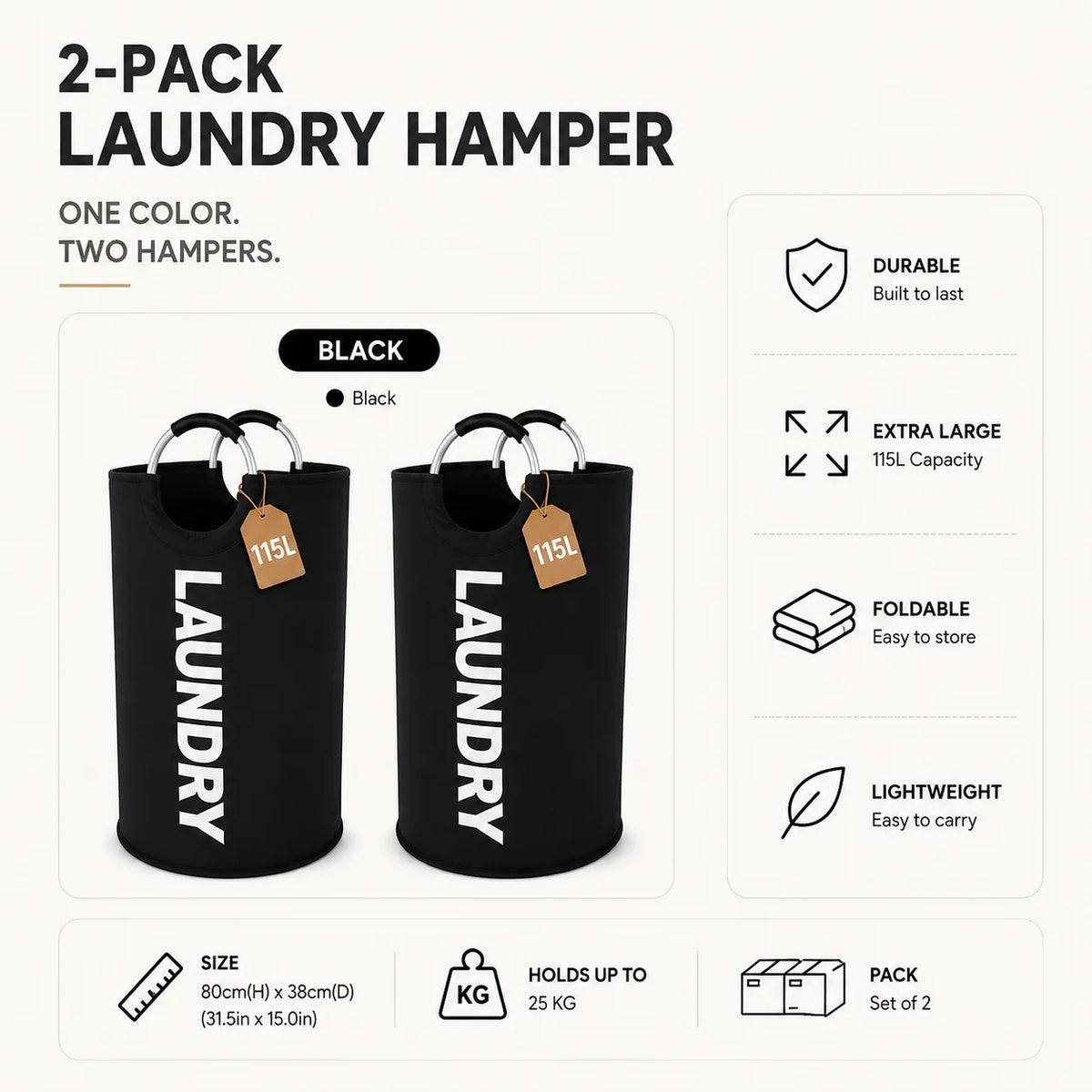 115L Collapsible Laundry Hampers – 2-Pack