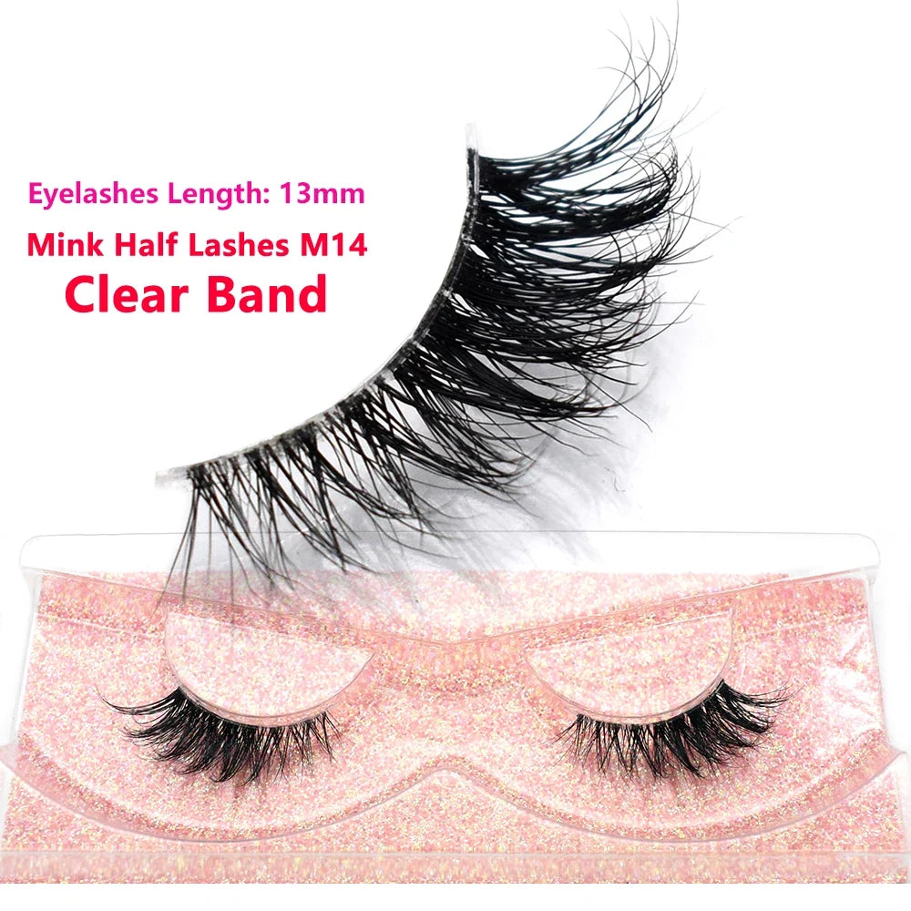 3D Mink Fluffy Half False Eyelashes Natural Soft Lightweight Clear Band Half Eye Strip Lashes Reusable Short Eyelashes Extension