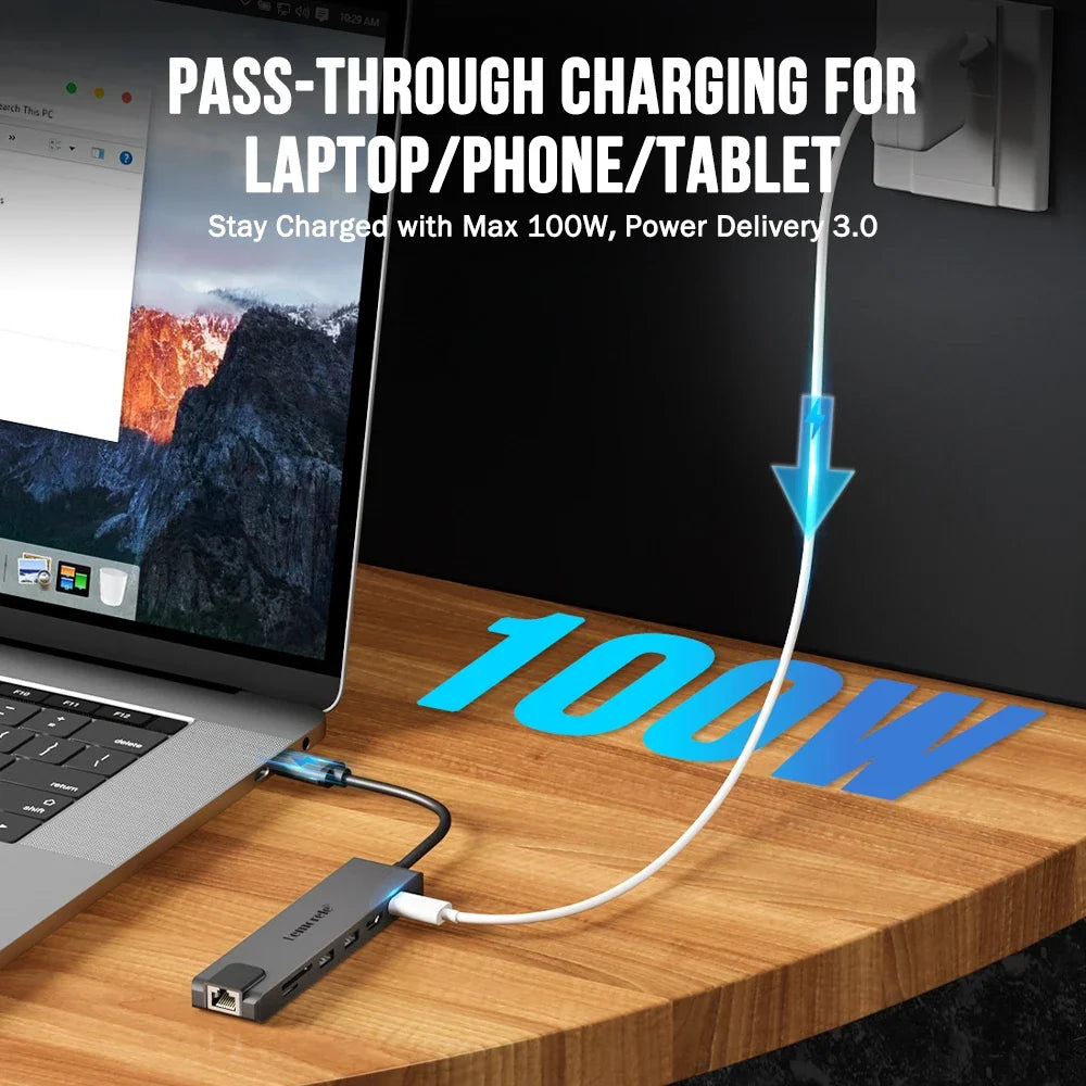 Lemorele 5in1 USB Type c Hub HDMI RJ45 Lan Adapter USB c Hub HDMI PD 100w TF/SD Card Slot Multiport Adapter For MacbookPro