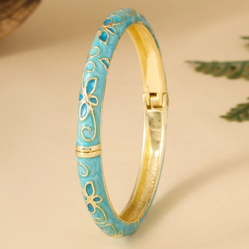 FTCY Four-Leaf Clover Enamel Bangle | Gold Plated Bohemian Bracelet for Women