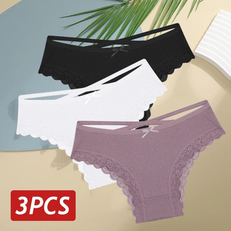 3PCS/Set Women Cotton Panties Sexy Low Rise Lace Brazilian Panties Hollow Out Soft Breathable Lingerie Female Bow Underwear S-XL