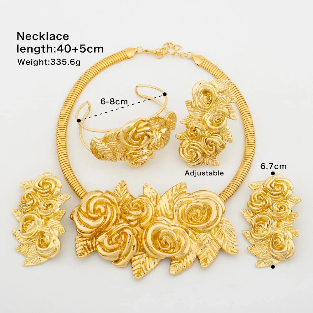 African Fashion Flower Jewelry Set for Women Luxury Gold Color India Big Hig Quality Earrring Necklace Bangle Ring Bride  Gif