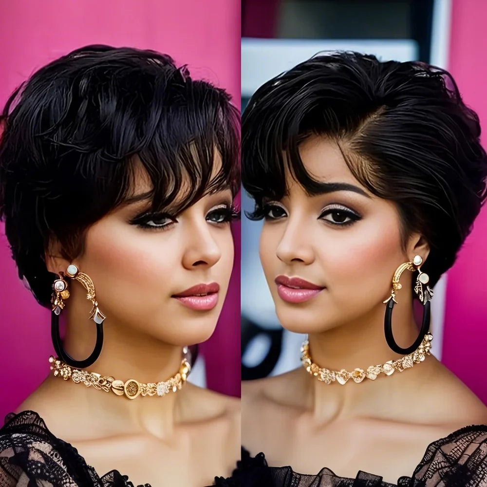 13x4 Lace Front Wig Human Hair Transparent Frontal Wig Pixie Cut Wigs Natural Wave Short Layered with Bangs Wig for Women