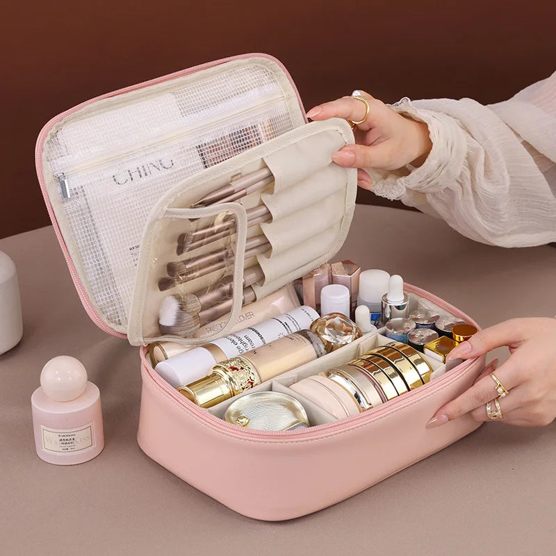 Wholesale PU Large Capacity Tote Makeup Bag Travel Organizer Tolietry Cosmetic Storage Bag Luxury Women Double Layer Pouch
