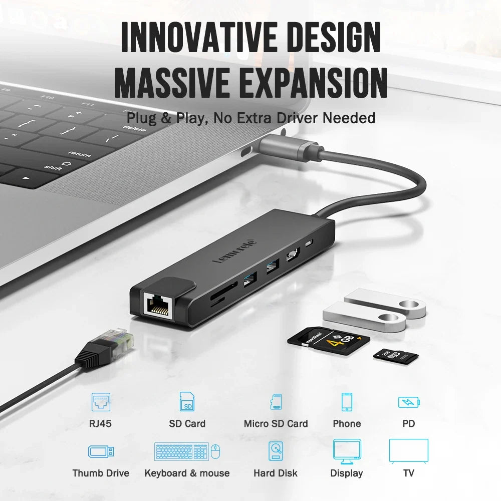 Lemorele 5in1 USB Type c Hub HDMI RJ45 Lan Adapter USB c Hub HDMI PD 100w TF/SD Card Slot Multiport Adapter For MacbookPro