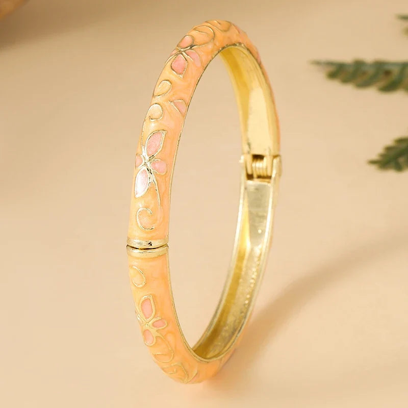 FTCY Four-Leaf Clover Enamel Bangle | Gold Plated Bohemian Bracelet for Women