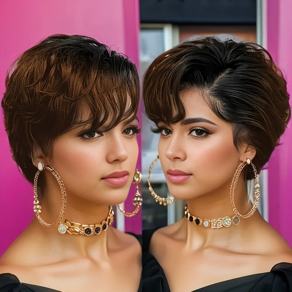 13x4 Lace Front Wig Human Hair Transparent Frontal Wig Pixie Cut Wigs Natural Wave Short Layered with Bangs Wig for Women