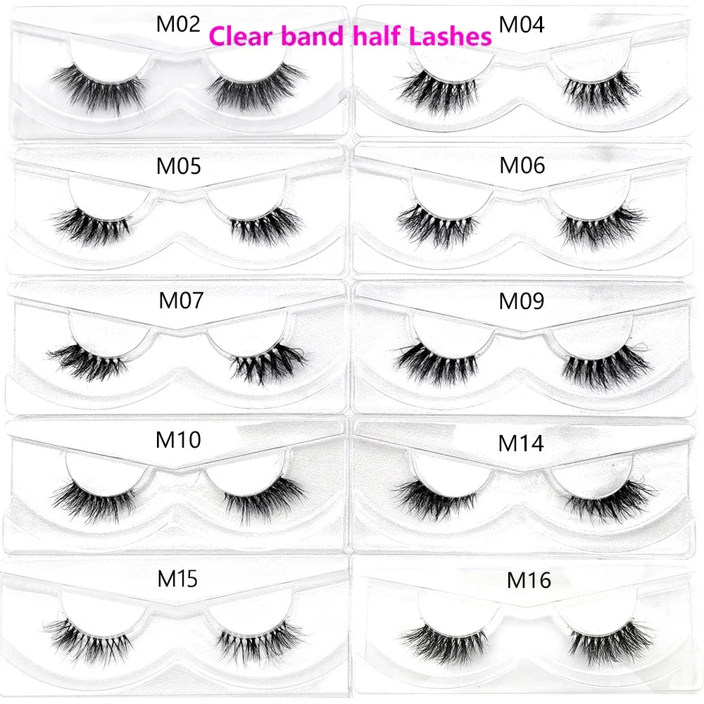 3D Mink Fluffy Half False Eyelashes Natural Soft Lightweight Clear Band Half Eye Strip Lashes Reusable Short Eyelashes Extension