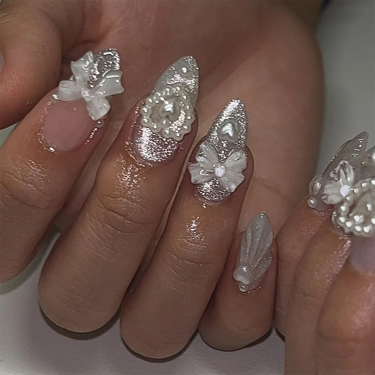 24pcs Sweet False Nail Patches Detachable Fake Nail Tips With Bowknots Love Heart Pearl Design Pink Almond Korean Press On Nail