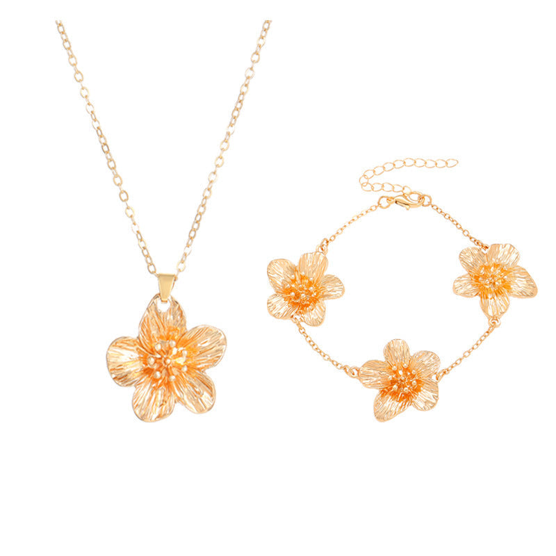 European And American Cross-Border Jewelry Pleated Texture Design Flower Earrings Necklace Bracelet Anklet Ring Bracelet Set For Women