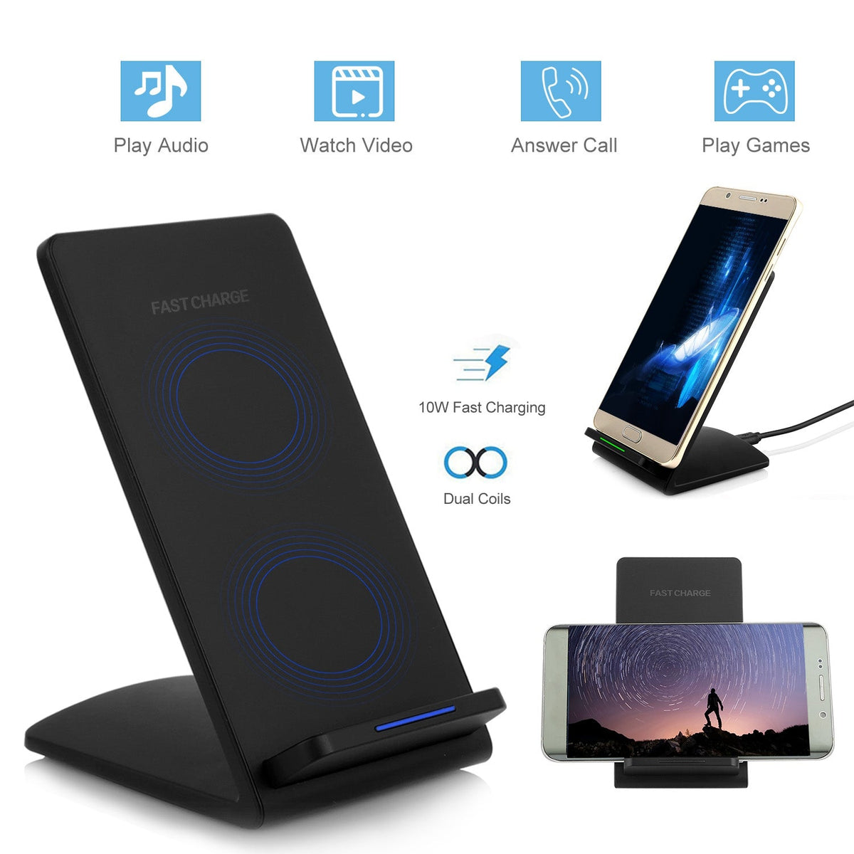 Qi Wireless Charger 10W Fast Charging Pad Stand Dual Coils Compatible with 7.5W 5W for iPhone XS/XS Max/XS/X Galaxy S10 /S9+ /S8 Google Nexus 6