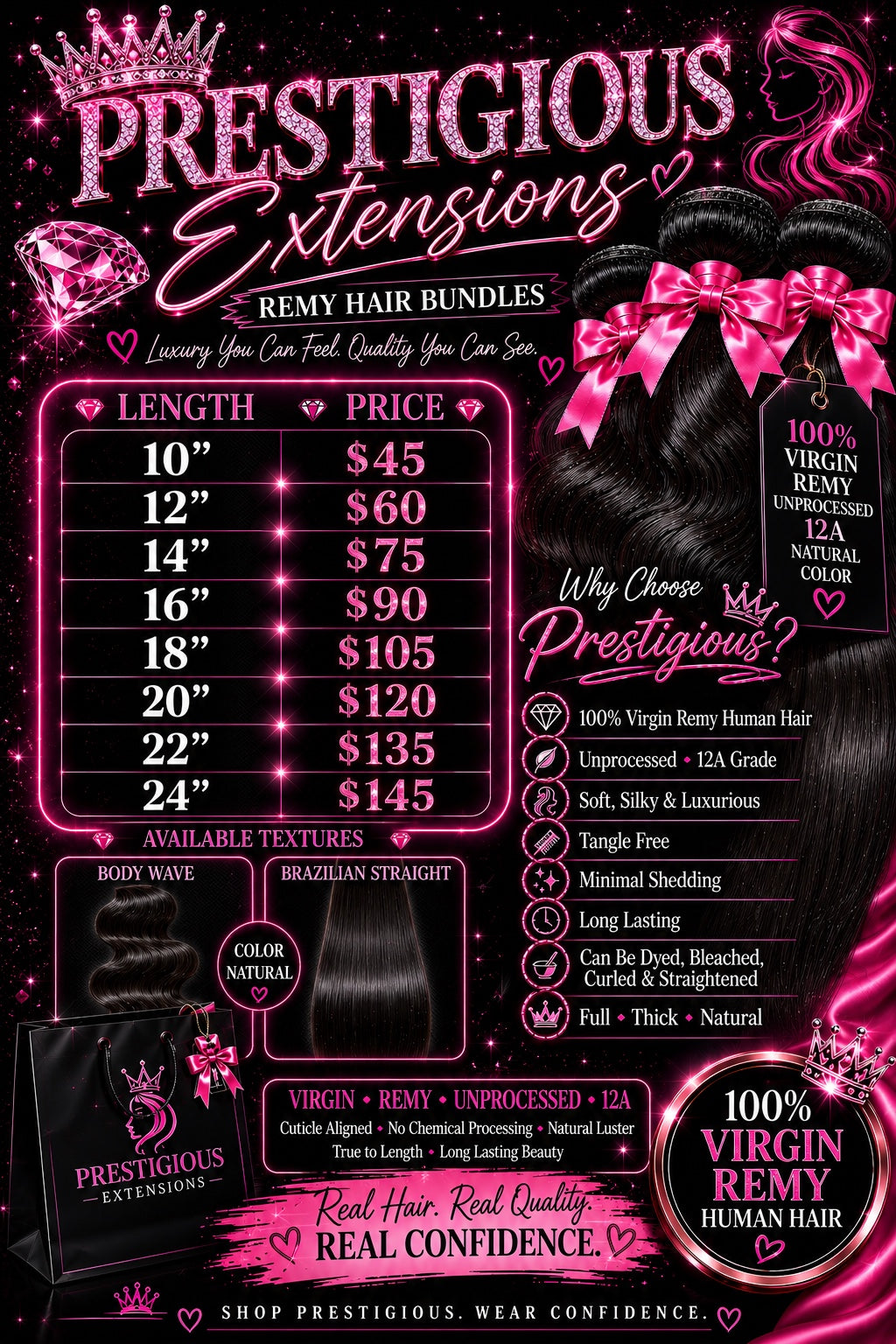 Prestigious Extensions 12A Virgin Remy Hair Bundles — Body Wave & Brazilian Straight length and price chart