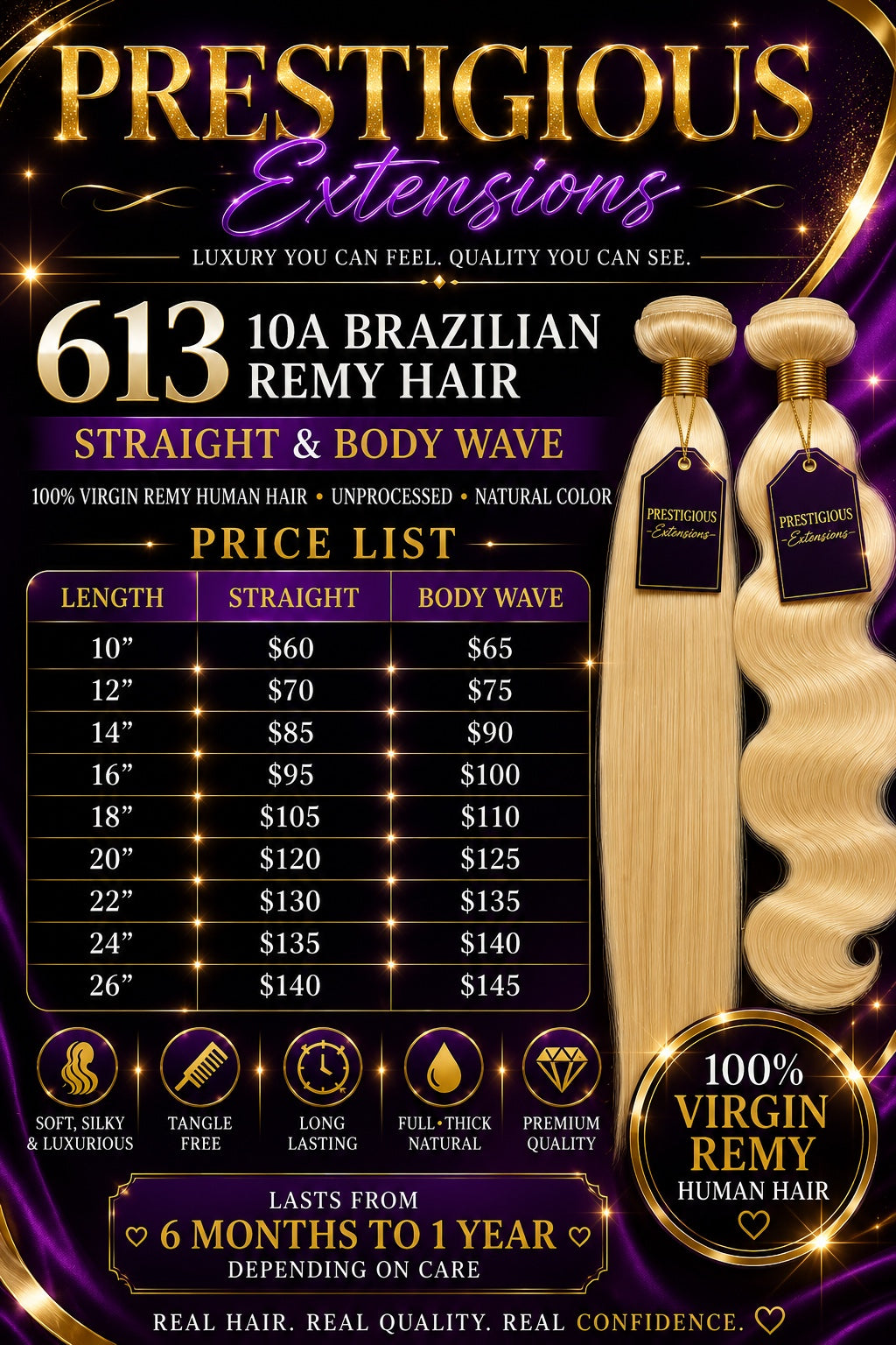 Prestigious Extensions 613 Blonde 10A Brazilian Remy Hair length and price chart