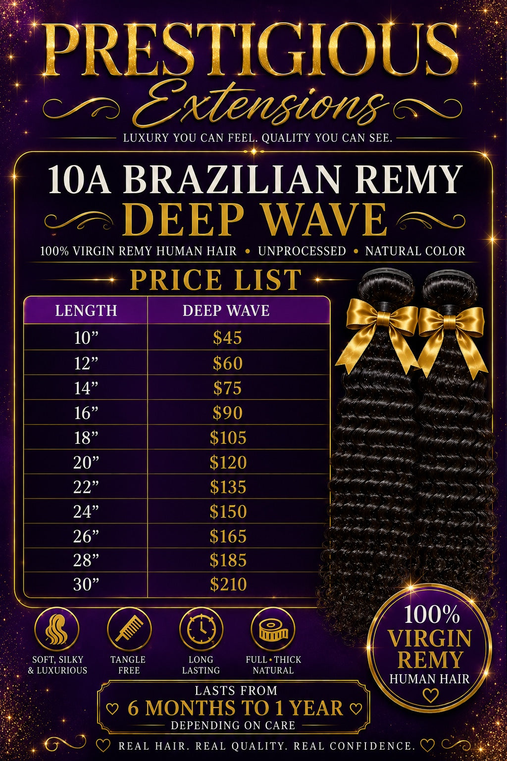 Prestigious Extensions 10A Brazilian Remy Deep Wave Hair length and price chart