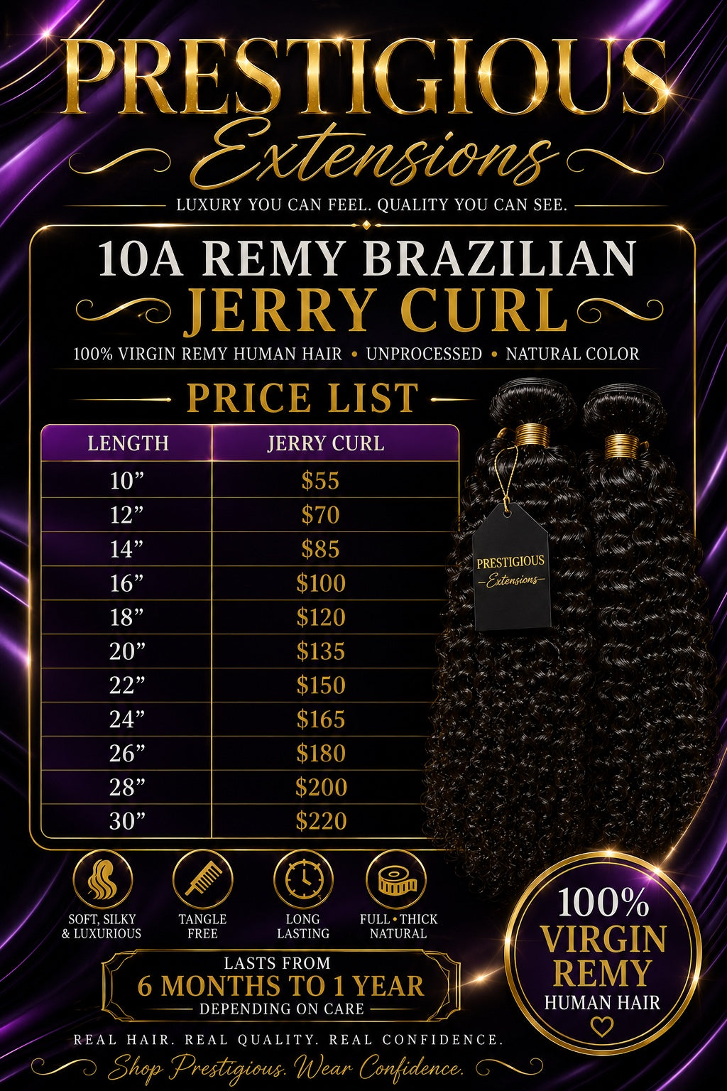 Prestigious Extensions 10A Brazilian Remy Jerry Curl Hair length and price chart