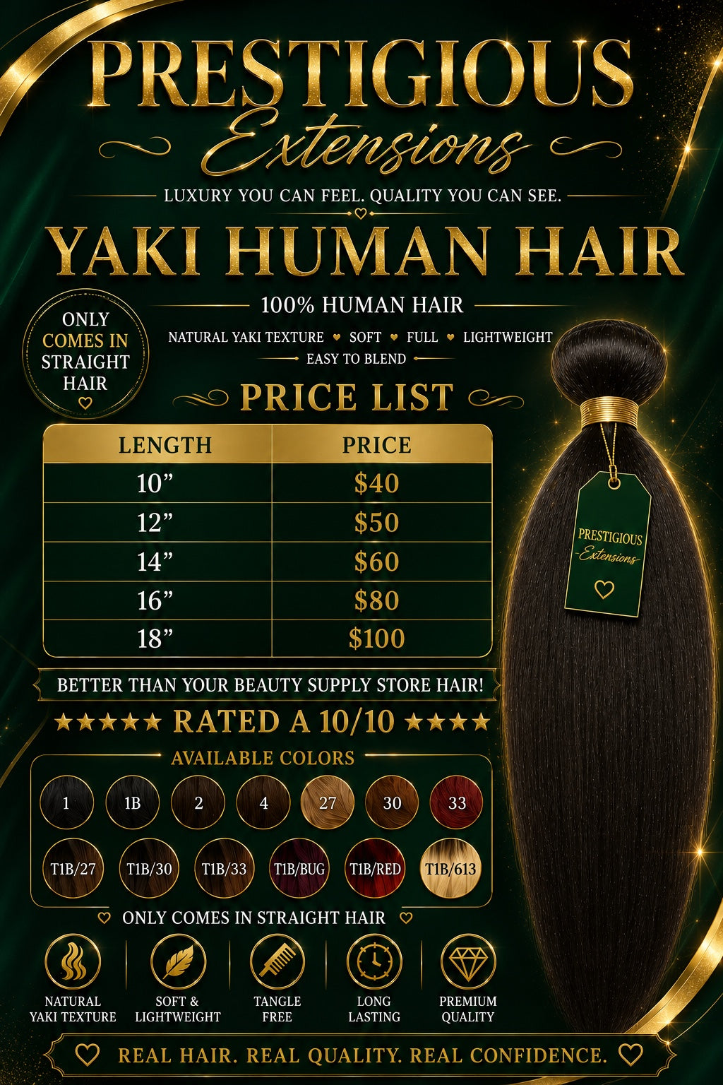 Prestigious Extensions Yaki Human Hair — Straight length and price chart